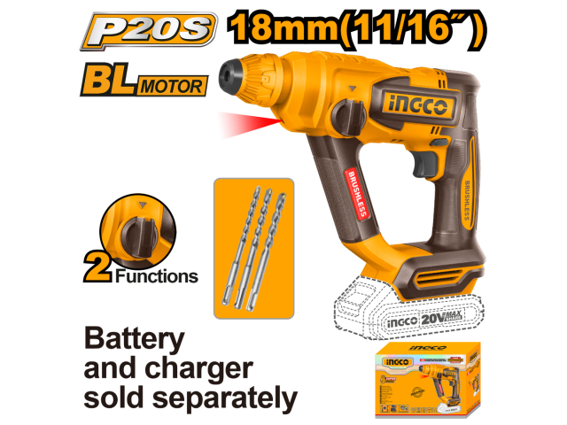 ROTOMARTILLO A BATERÍA 20V P20S SDS PLUS 1.8J + 3 MECHAS S/BAT Y S/CARGADOR INGCO CRHLI20188