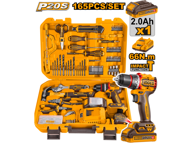 KIT ATORNILLADOR PERCUTOR 20V (CIDLI20035) EN VALIJA C/BAT Y CARGADOR + 165 HERRAMIENTAS INGCO - HKTHP11651