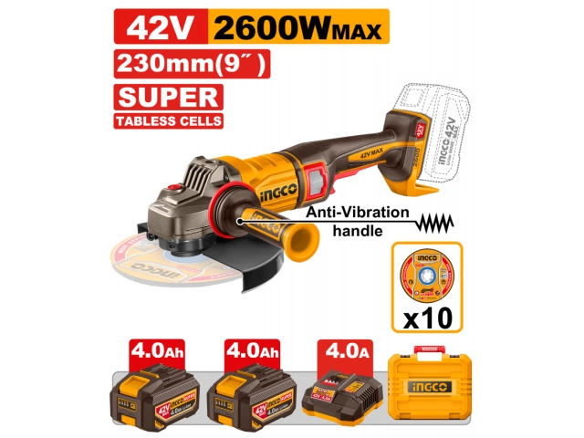 AMOLADORA A BATERIA 42V 230MM CON 2 BATERIAS SC 4.0AH + CARGADOR + 10 DISCOS + VALIJA INGCO CAGLI4260182